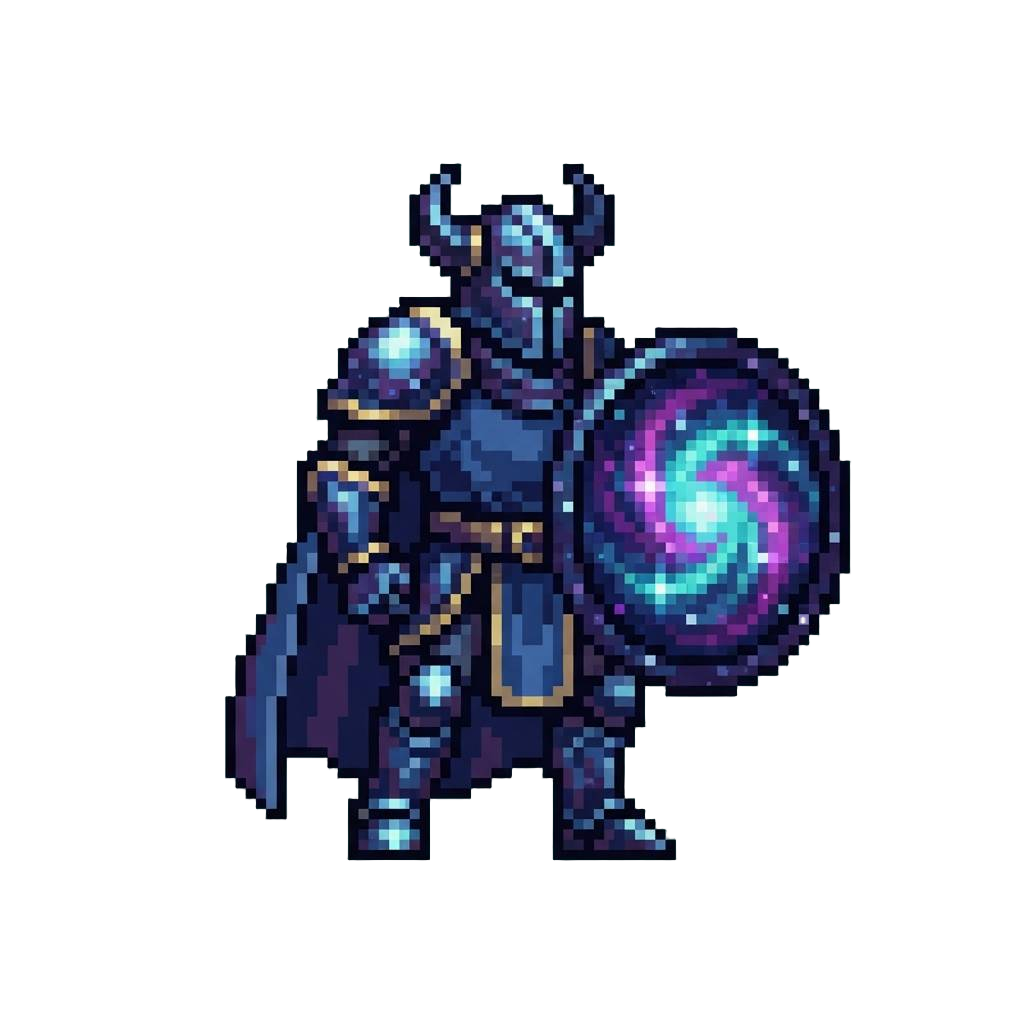 A Zenith Cosmic Knight Holding a Shield Made of Galaxy Mist