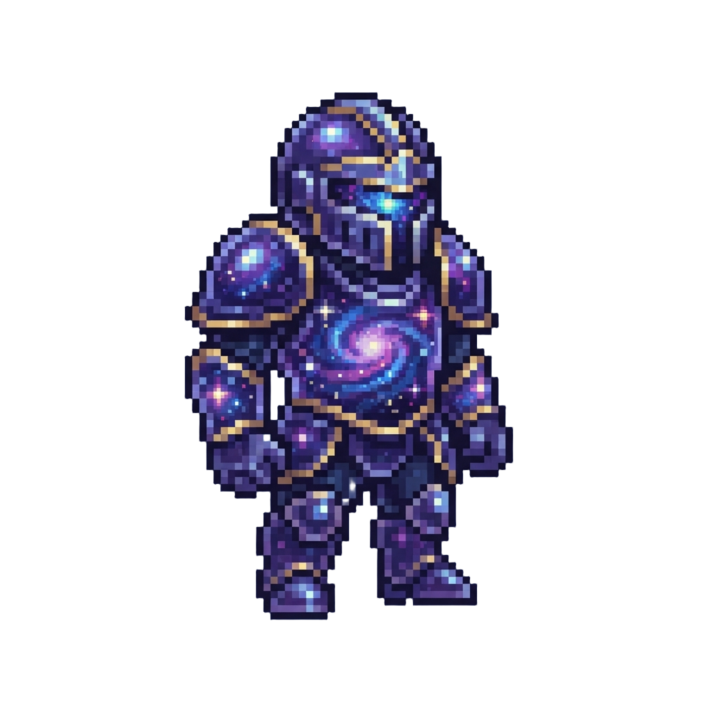 A Galaxy Vanguard with Glowing Nebulae Swirling Inside Translucent Armor