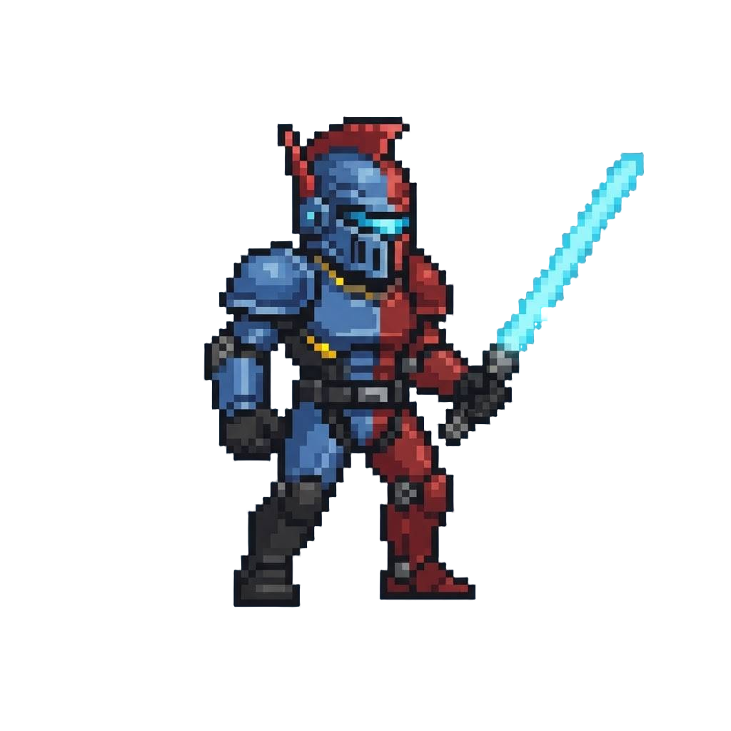 A Split-colored Cyber-knight Holding a Light Saber