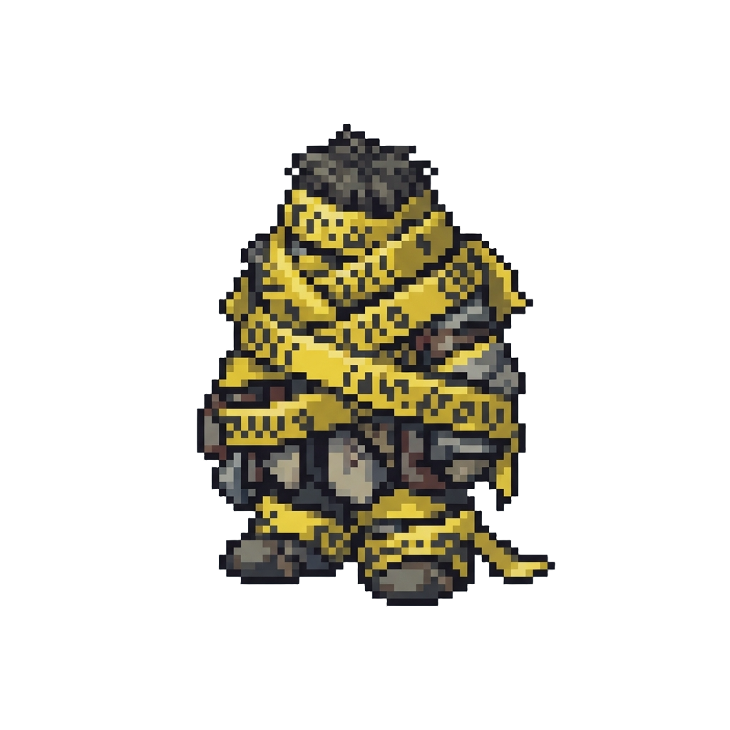 A Clumsy Fusion Figure Wrapped Head-to-toe in Yellow Caution Tape