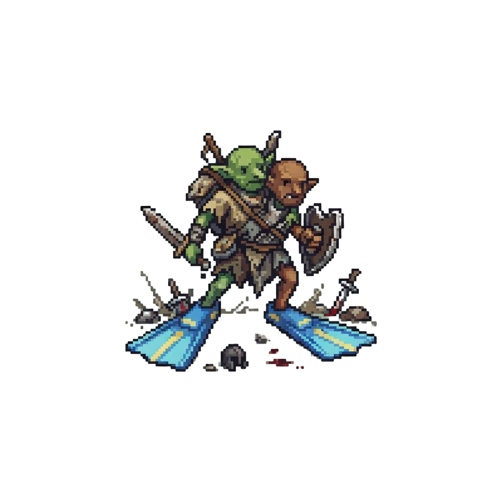 A Clumsy Fusion Figure Wearing Swimming Flippers on a Battlefield