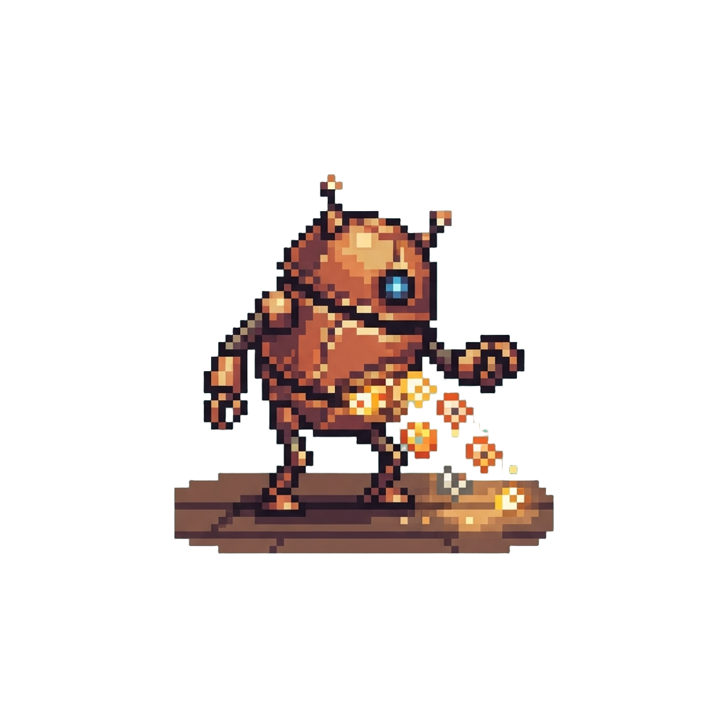 A Wobbly Robot Dropping Glowing Nuts and Bolts Onto the Floor