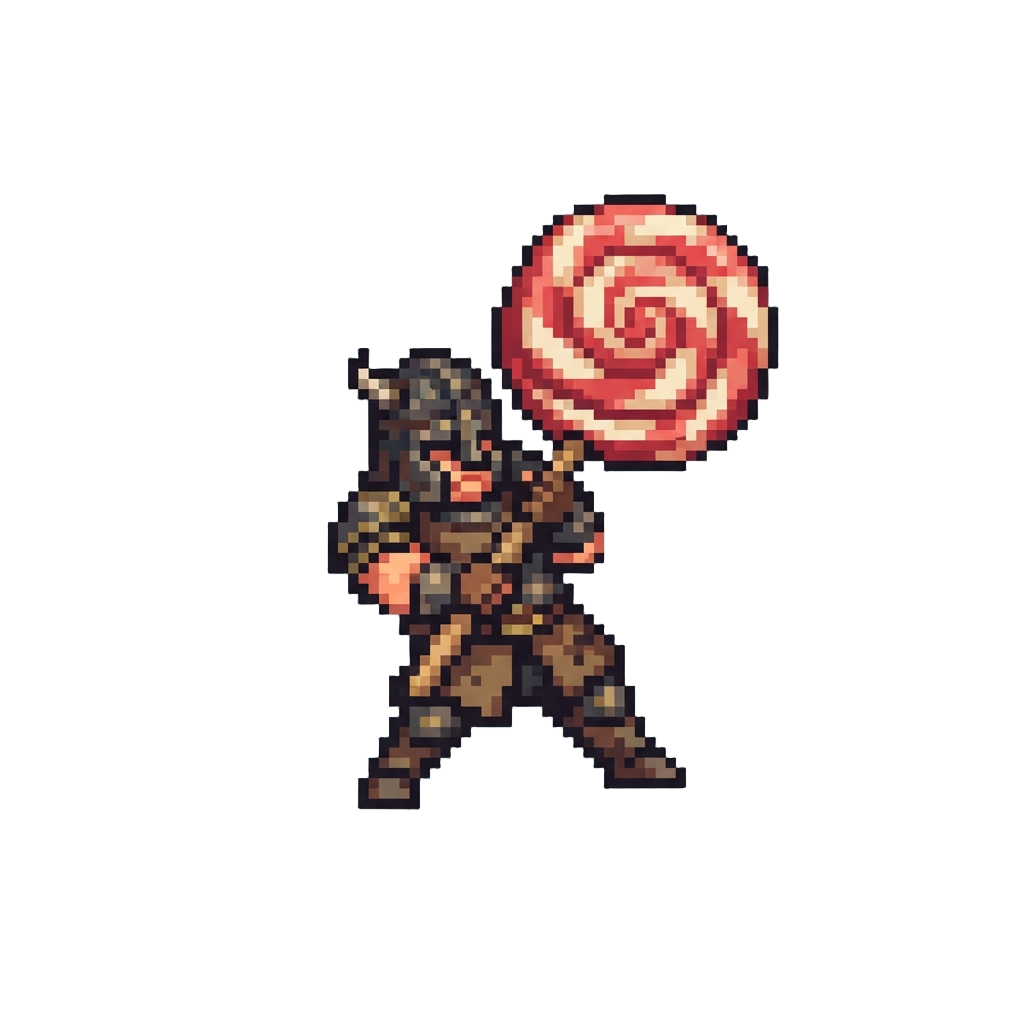 A Clumsy Warrior Figure Trying to Wield a Giant Lollypop