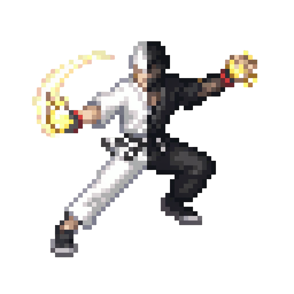 A Split-color Martial Artist with Glowing Hand Wraps