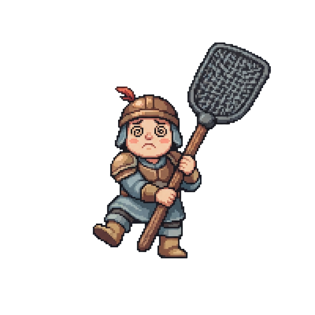 A Dazed Mini-warrior Holding a Giant Flyswatter