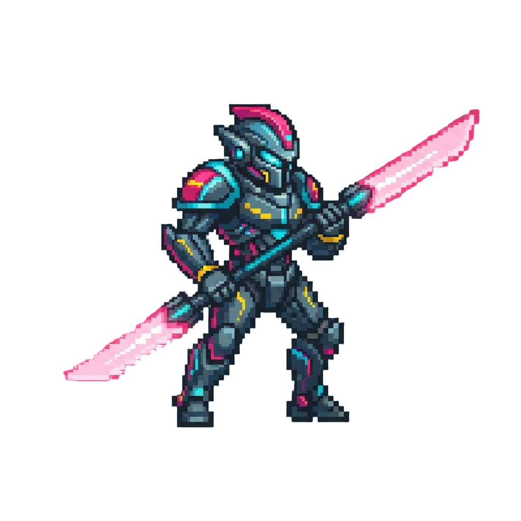 An Apex Neon Mecha-knight Wielding an Oversized Dual-blade Laser Glaive