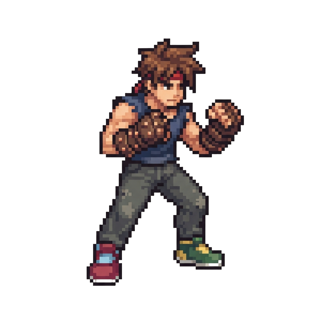 An Agile Street Brawler Sporting Blended Color-blocked Sneakers and Dual Padded Gauntlets