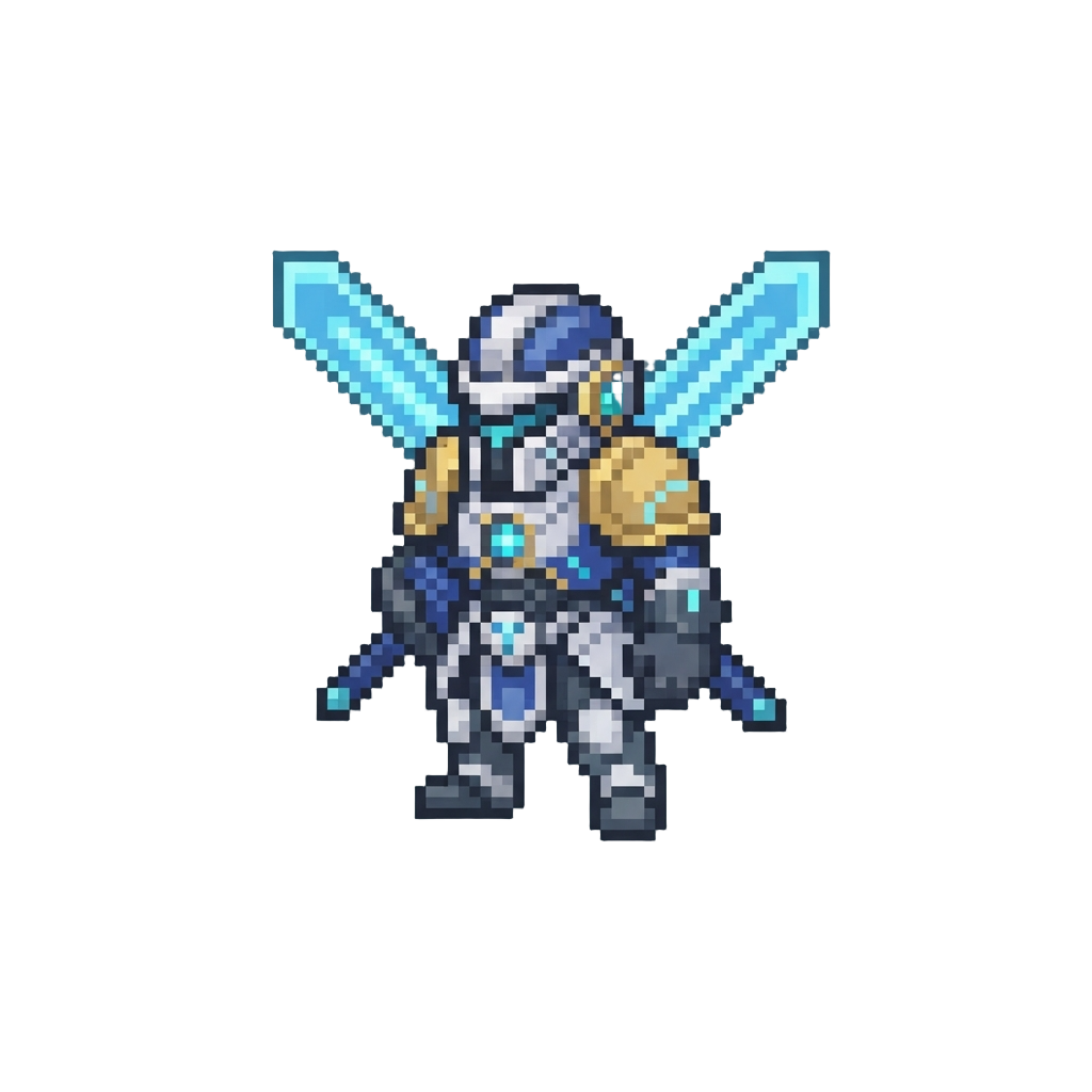A Mythic Cyber-paladin with Twin Plasma Greatswords