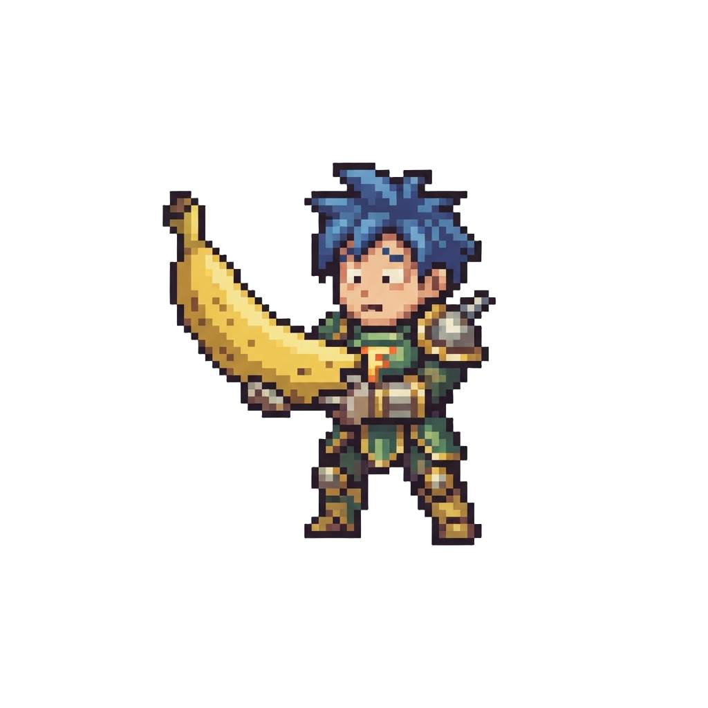 A Confused Fusion Warrior Holding an Oversized Banana Like a Gun