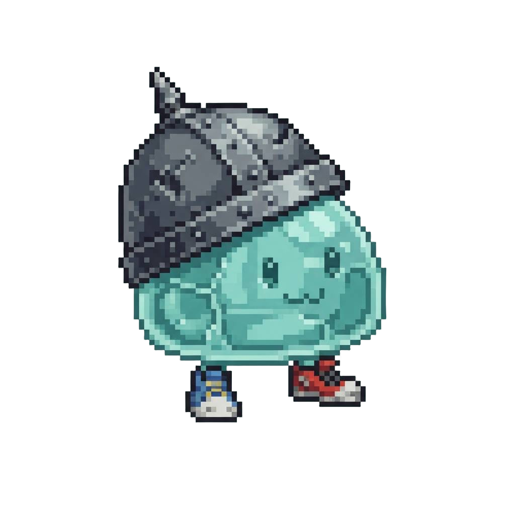 A Tiny Gelatinous Blob Wearing an Oversized Lopsided Helmet and Tiny Mismatched Sneakers
