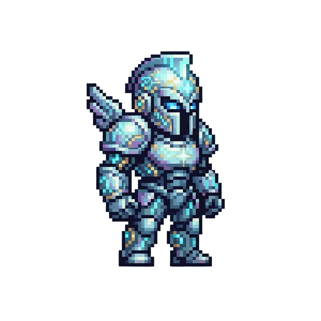 A Celestial Cyber-titan Clad in Iridescent Chrome Armor with Glowing Energy Glyphs