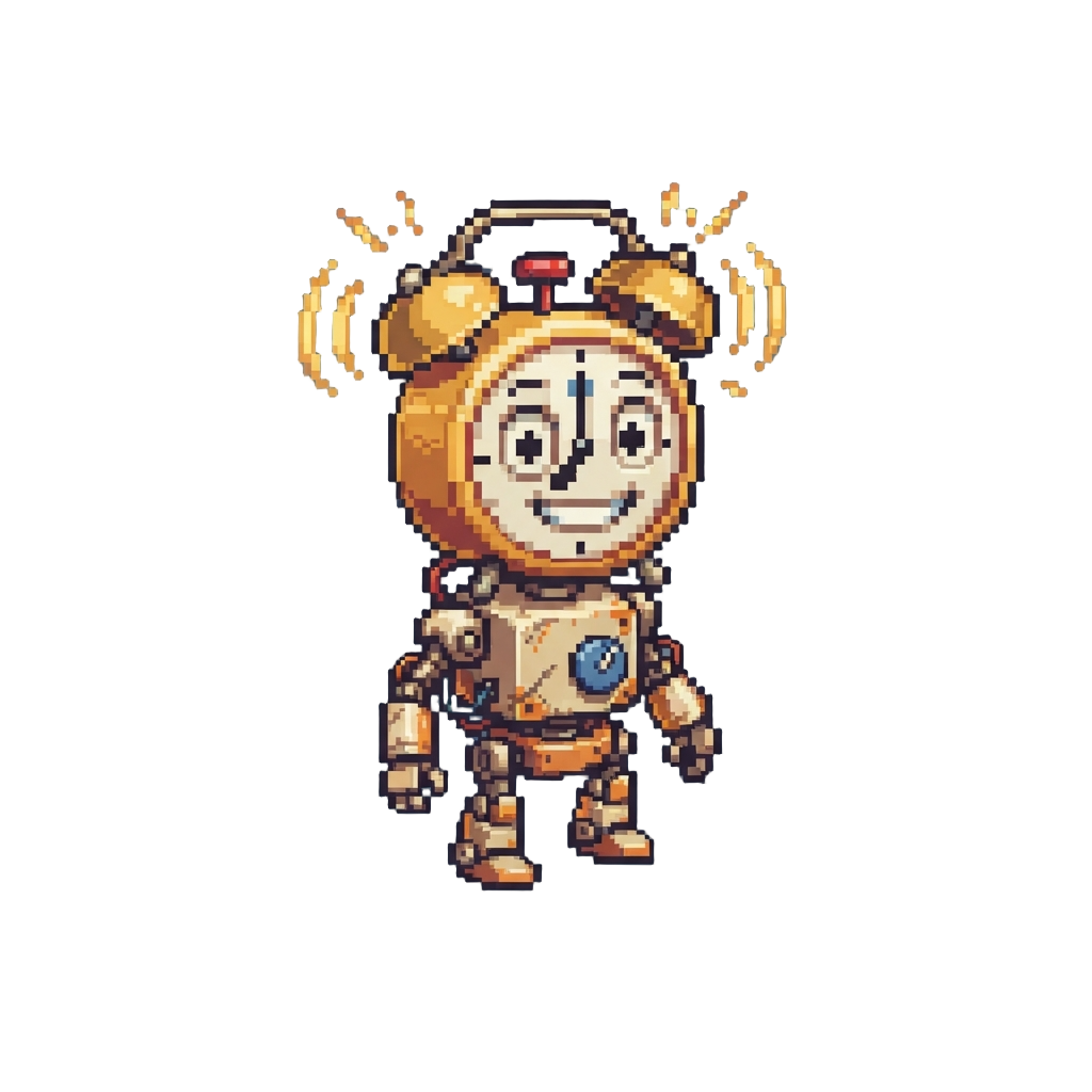 A Goofy Robot with a Alarm Clock Head Ringing Loudly