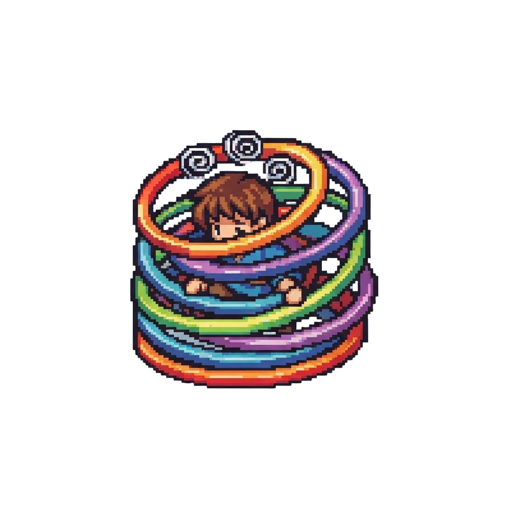 A Dazed Figure Tangled Inside a Giant Rainbow Slinky