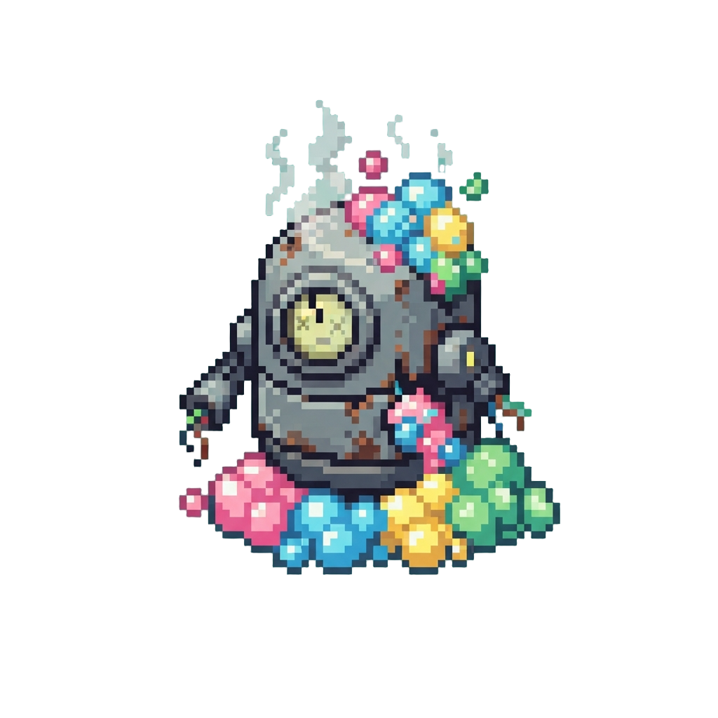 A Dazed Robot Leaking Harmless Colorful Soap Suds Everywhere