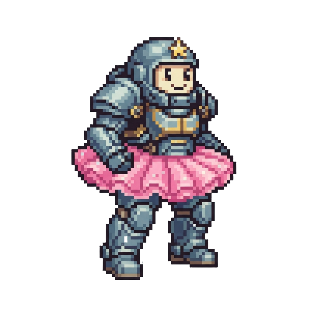 A Goofy Fusion Figure Wearing a Tutu Over Power Armor