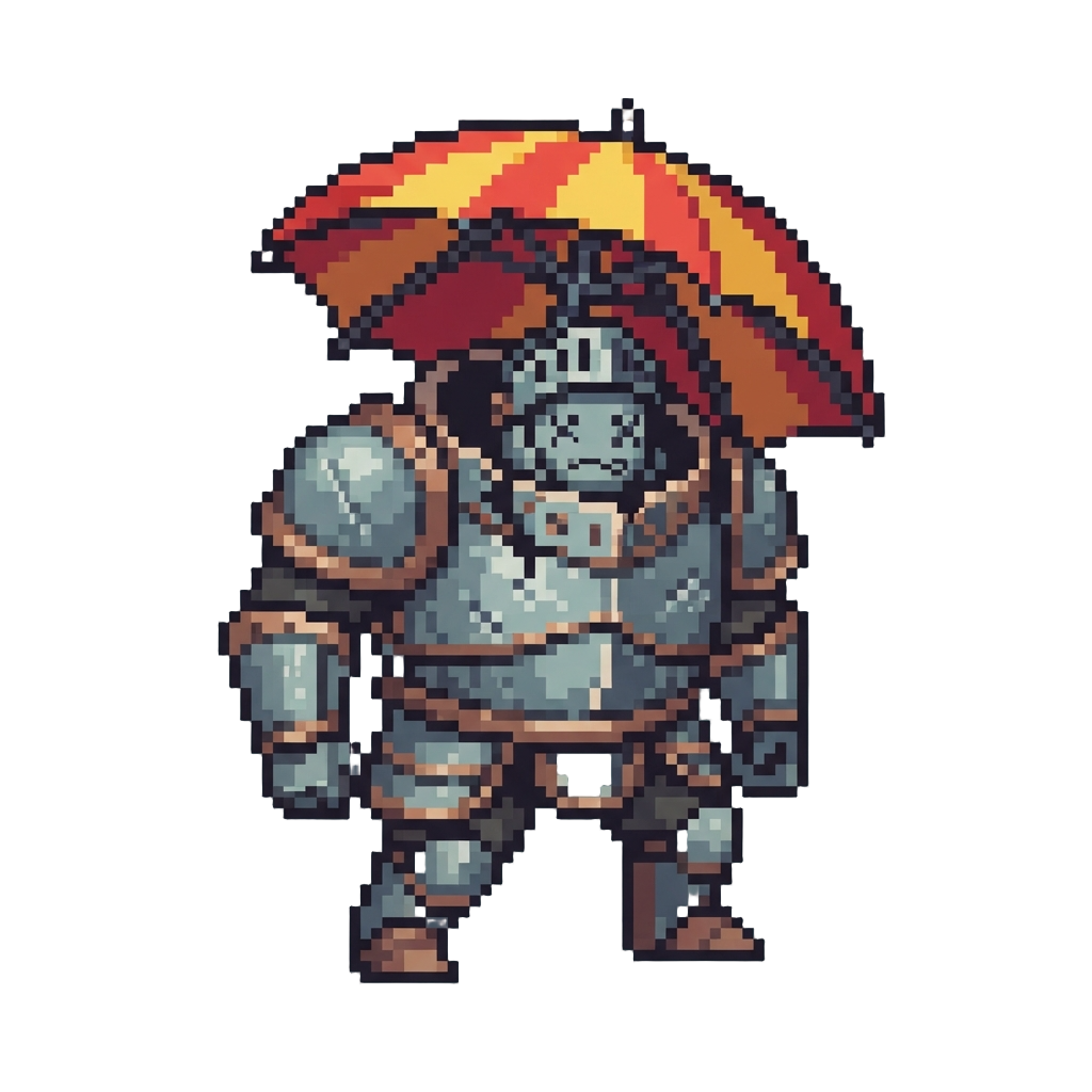 A Dazed Mini-hero with an Umbrella Opened Inside Its Armor