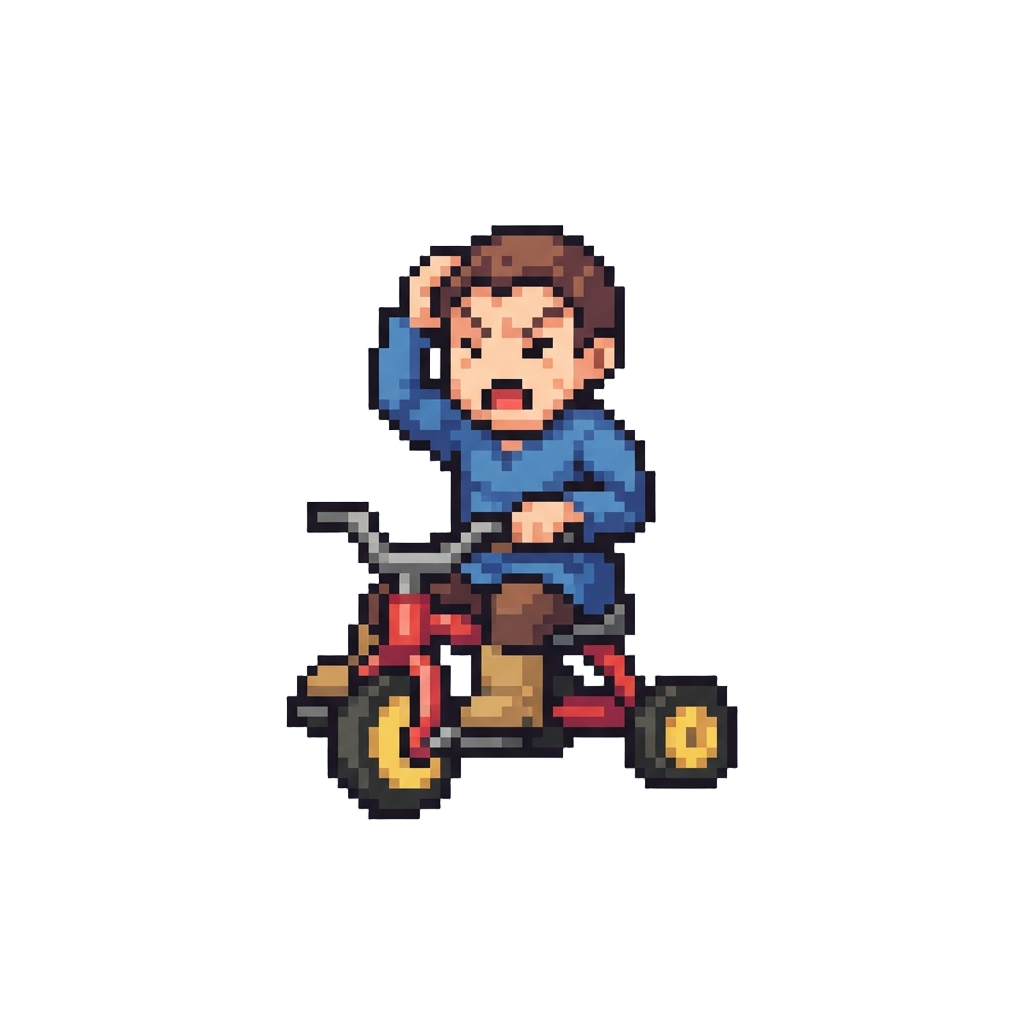 A Confused Figure Riding a Tiny Squeaking Tricycle