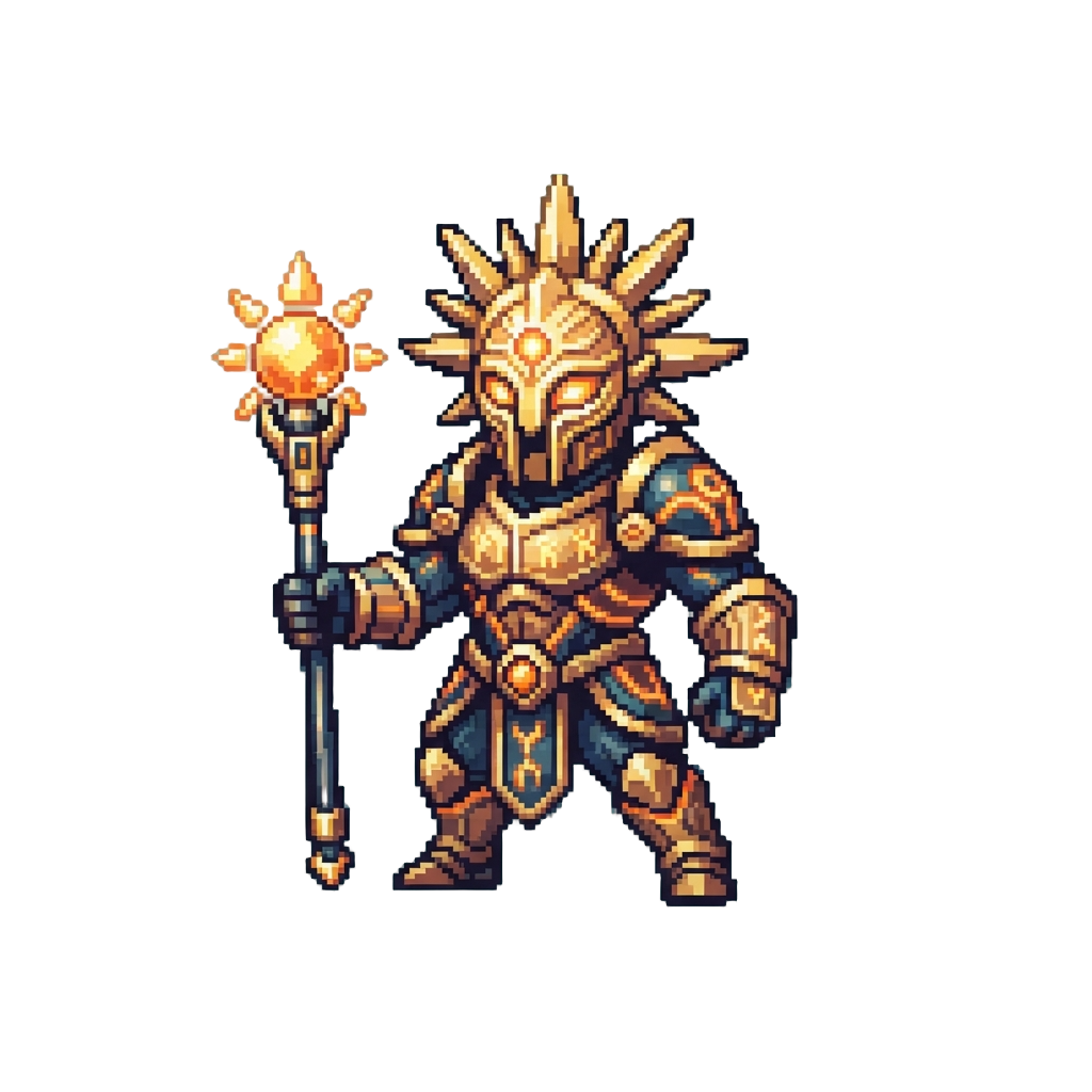 A Hyper-tech Sun-god Figure Holding a Glowing Sceptre