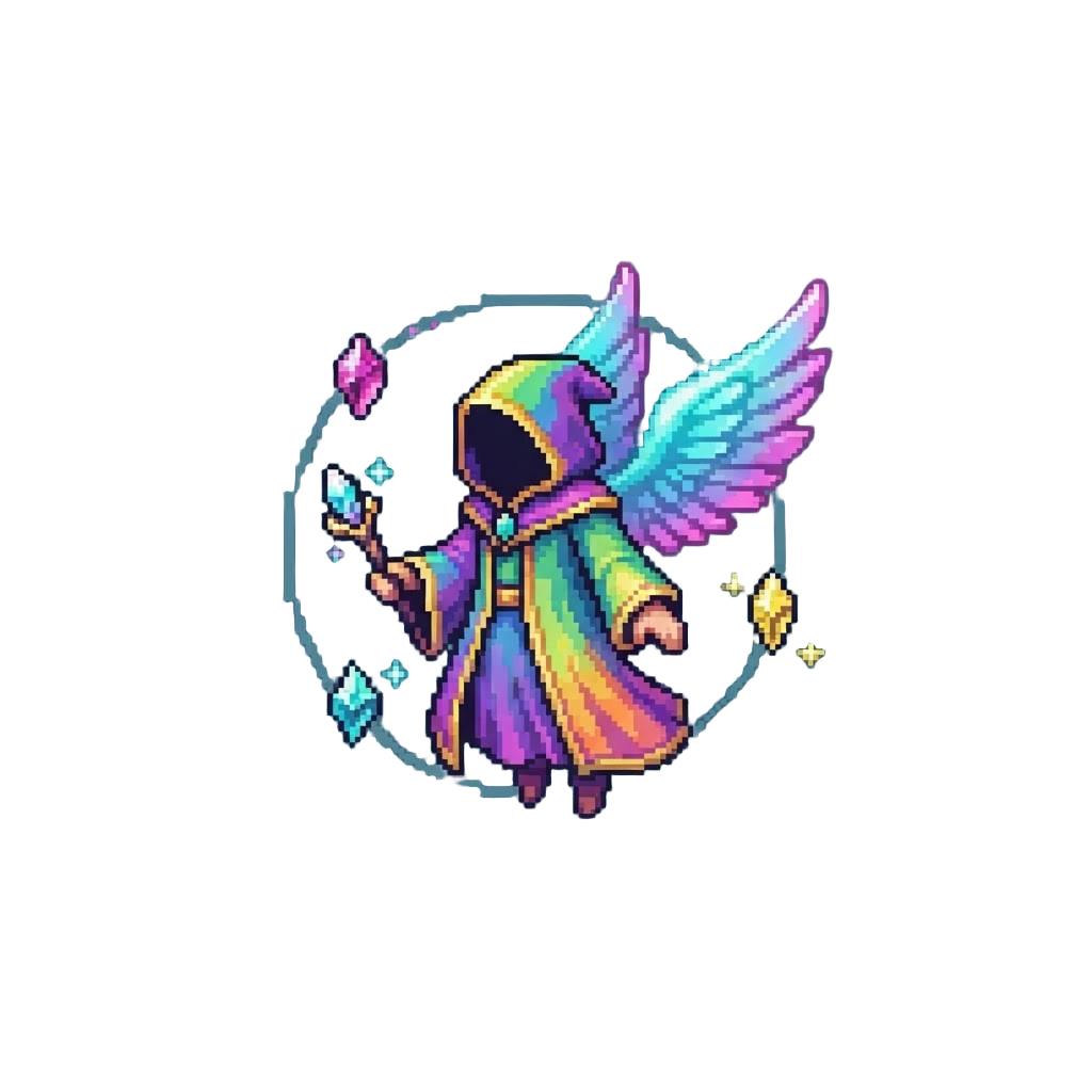A Winged Prismatic Sorcerer Hovering with Orbiting Crystalline Familiars