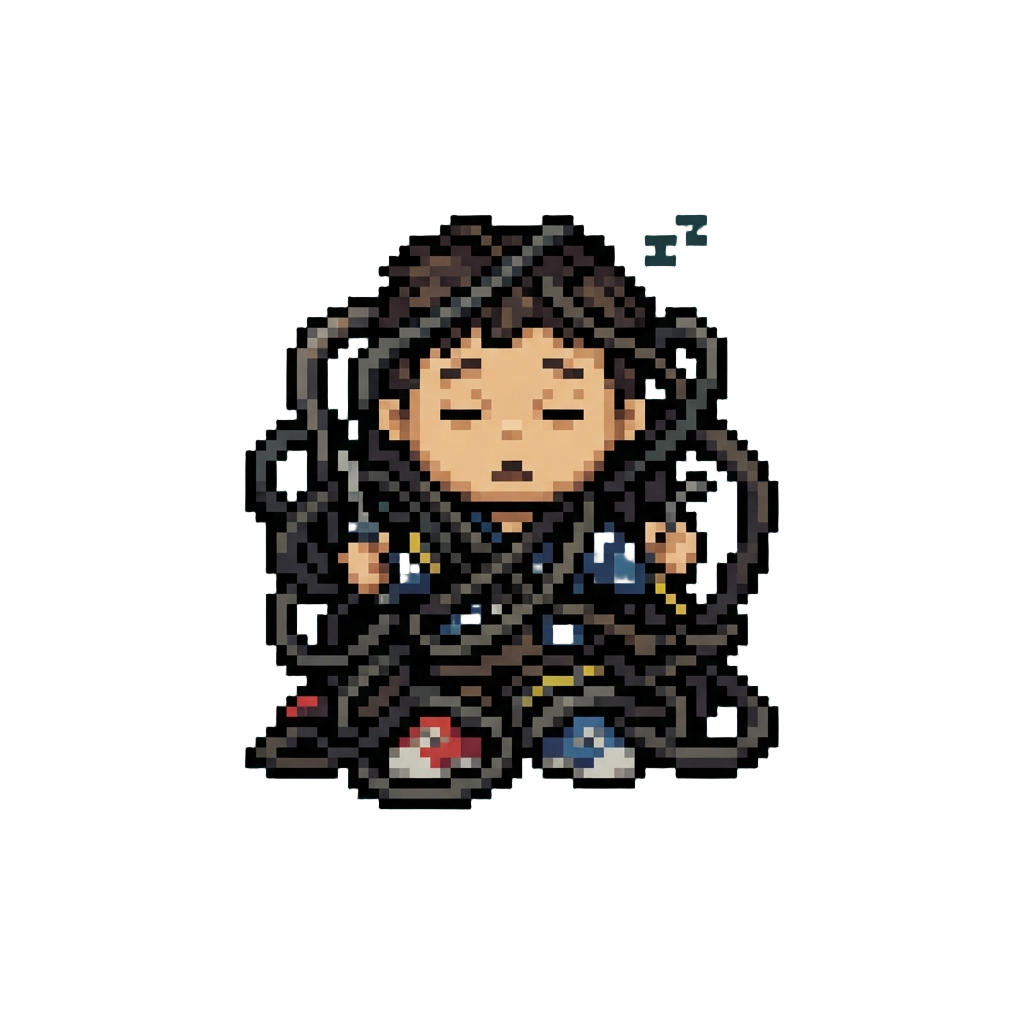 A Dazed Bobblehead Figure Tangled in Oversized Cables with Mismatched Shoes
