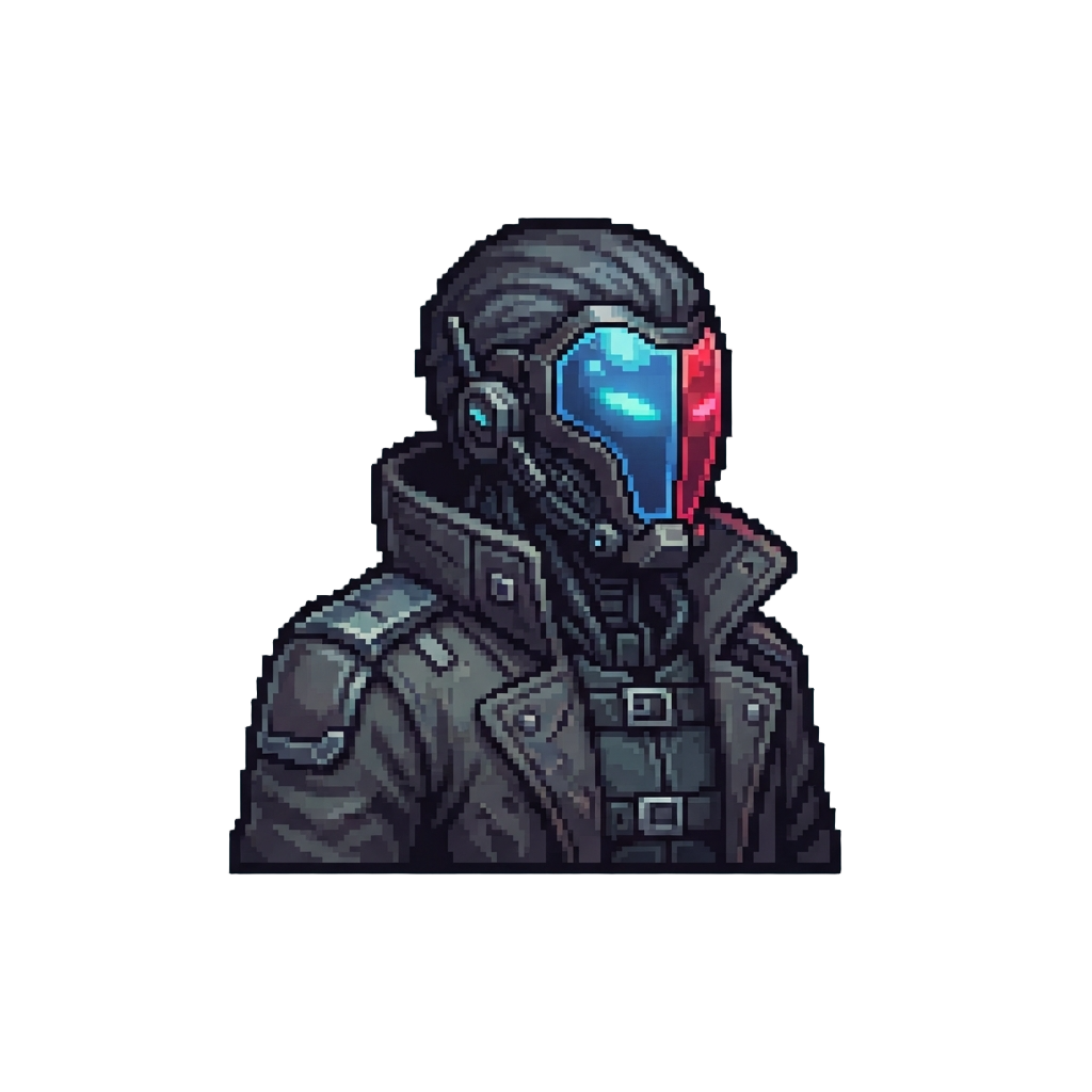 A Dual-colored Cyber Operative Rocking a Split-color Visor and Battle Trenchcoat