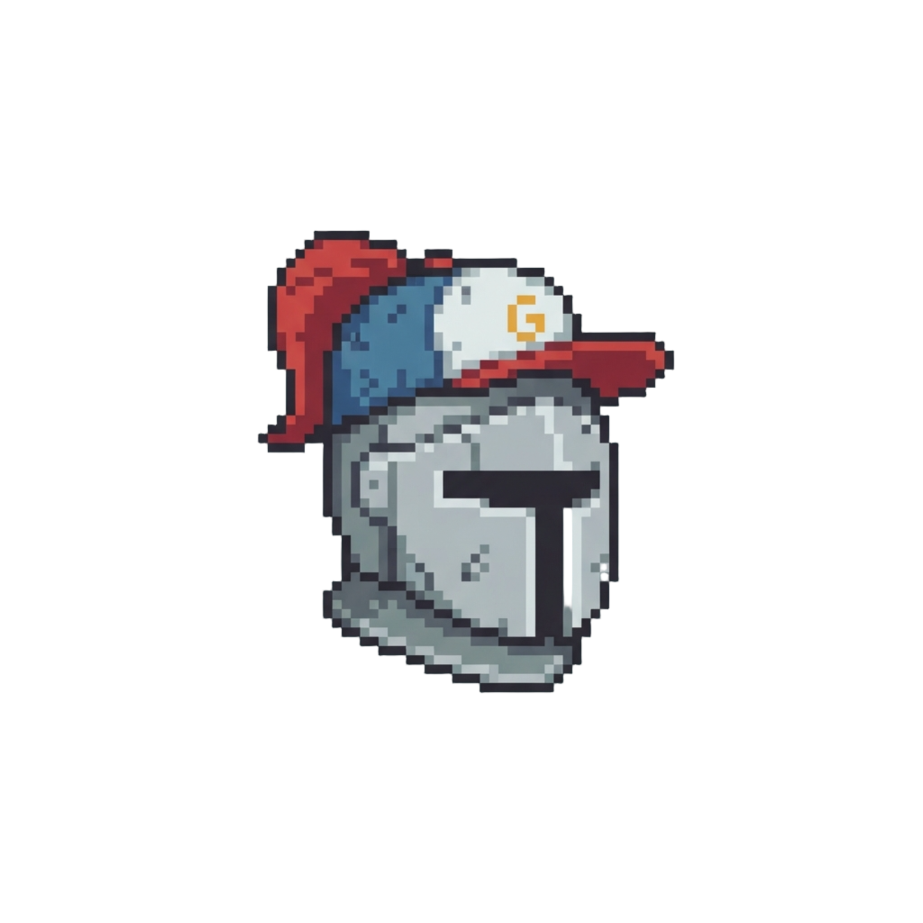 A Goofy Figure Wearing a Backward Baseball Cap Over a Knight Helm
