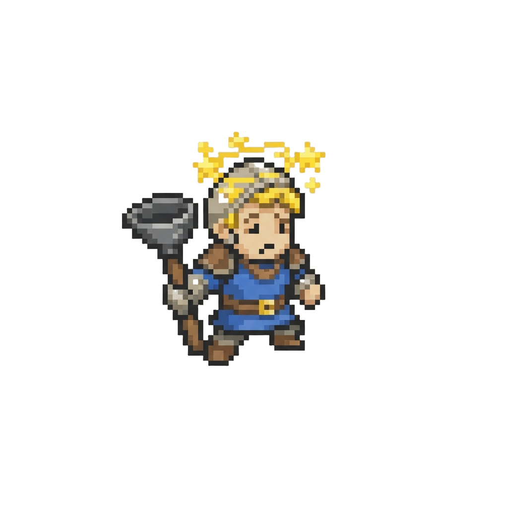 A Dazed Mini-hero Holding a Toilet Plunger Shield