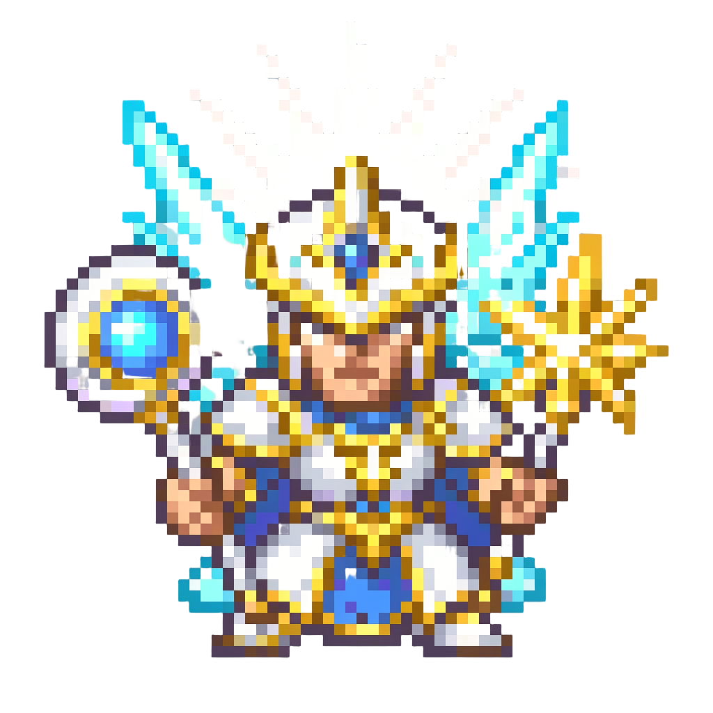 A Radiant Solar-crowned Paladin with Crystalline Wings and Dual Elemental Weapons