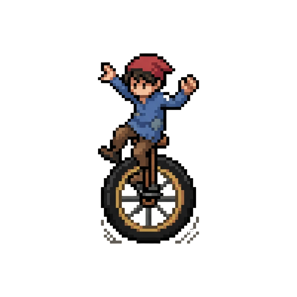 A Clumsy Figure Wobbling on an Oversized Unicycle Wheel