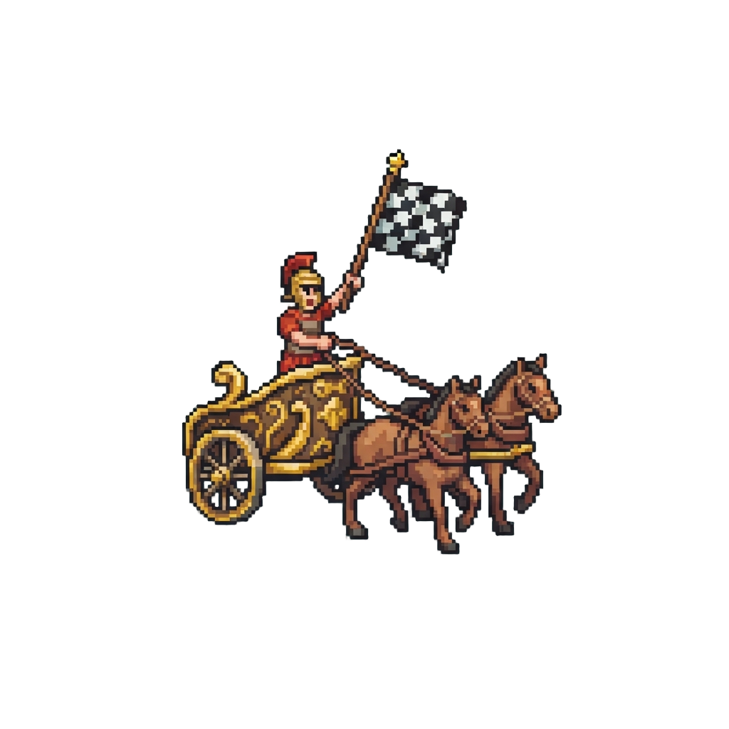 An Ancient Roman Chariot Race Where @image1 Waves a Chequered Victory Flag