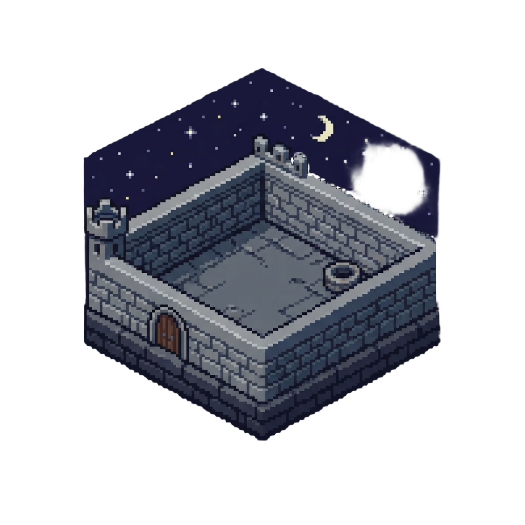 An Empty Medieval Castle Courtyard Under a Starry Night Sky