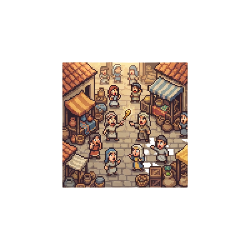 A Bustling Ancient Marketplace Where People Stare in Surprise