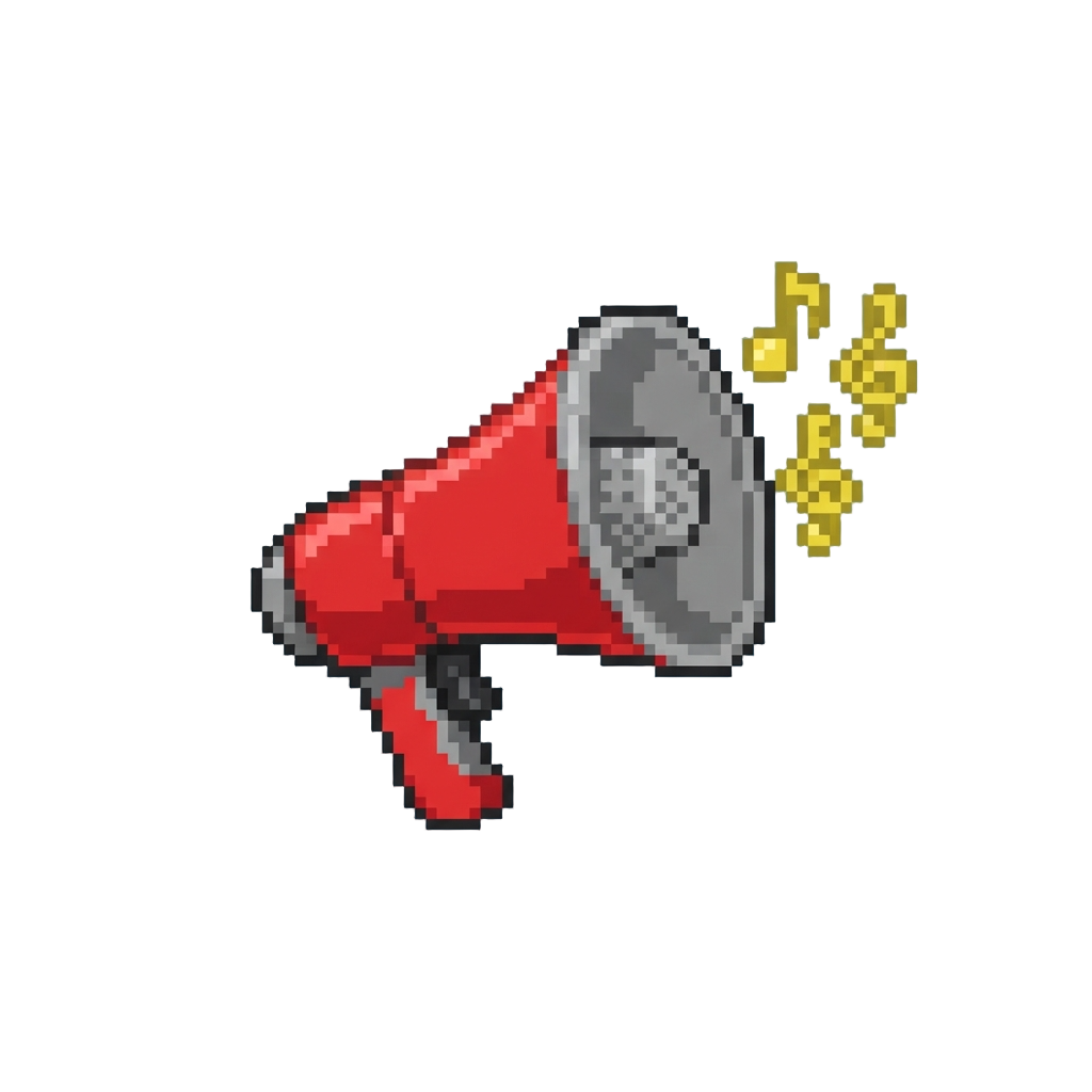 A Cartoon Megaphone with Floating Musical Notes Shouting 'more!'