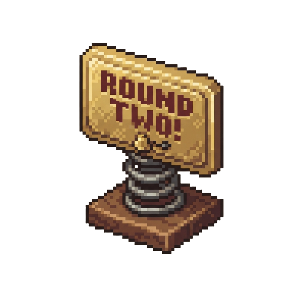 A Spring-loaded Boxing Bell Placard with 'round Two!' in Bold Letters