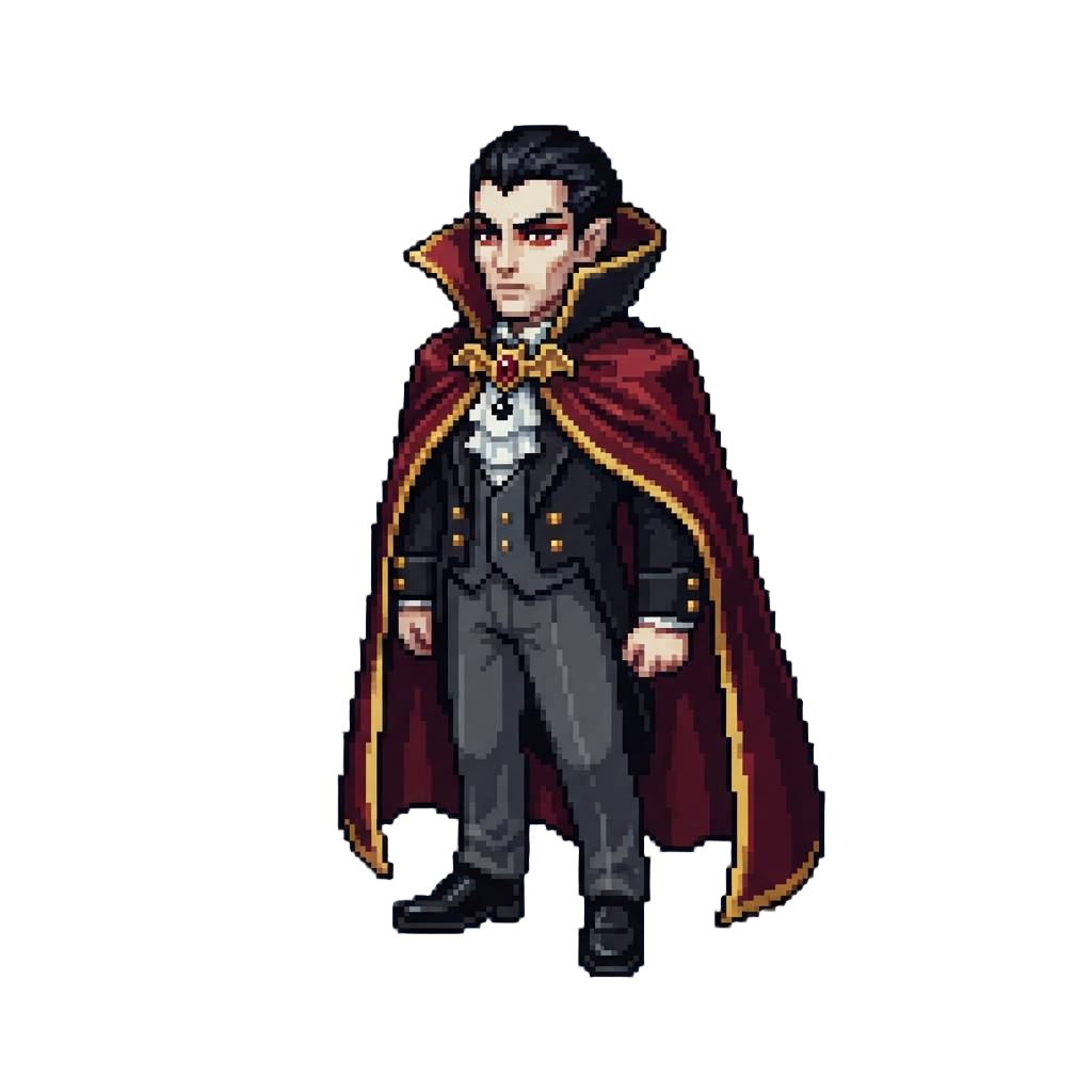 Sleek Vampire Count Suit with Sharp Red Eyeliner and Velvet Cape