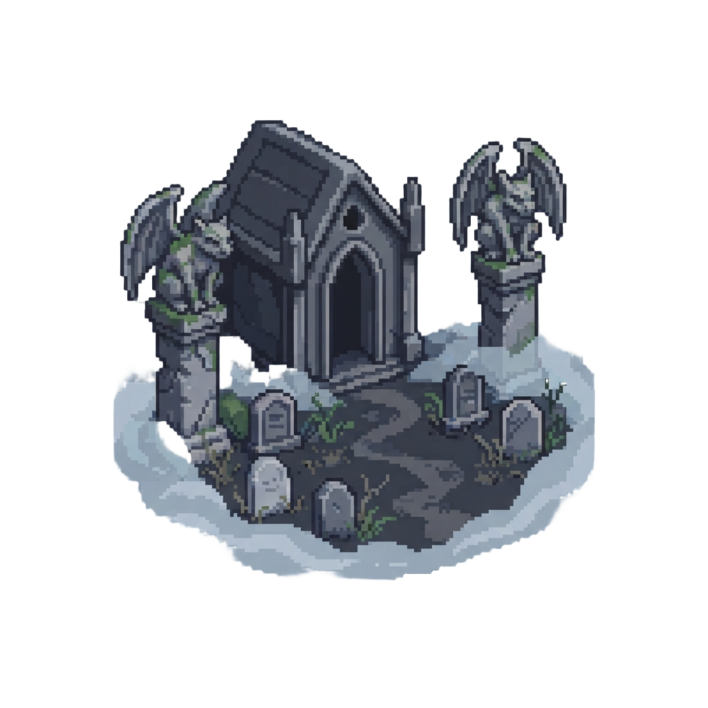 A Gothic Cemetery Surrounded by Fog and Stone Gargoyles From Das Omen