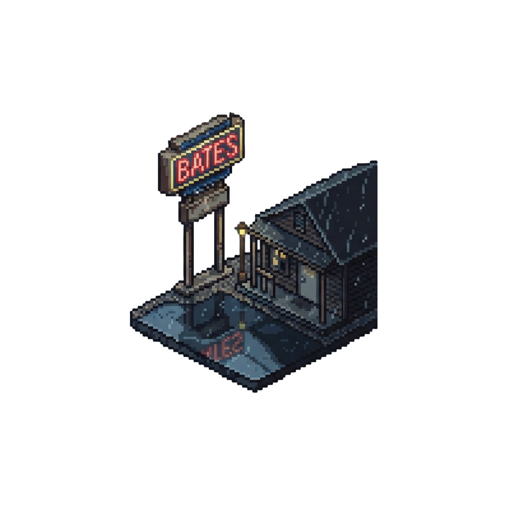 The Rain-drenched Driveway of the Bates Motel Under a Flickering Neon Sign From Psycho