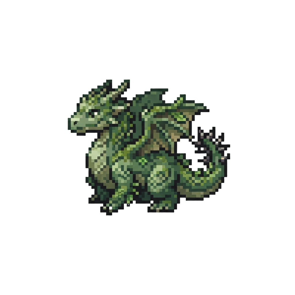 A Wild Forest Moss Dragon with Leafy Camouflage Scales and Thorned Tail Spikes