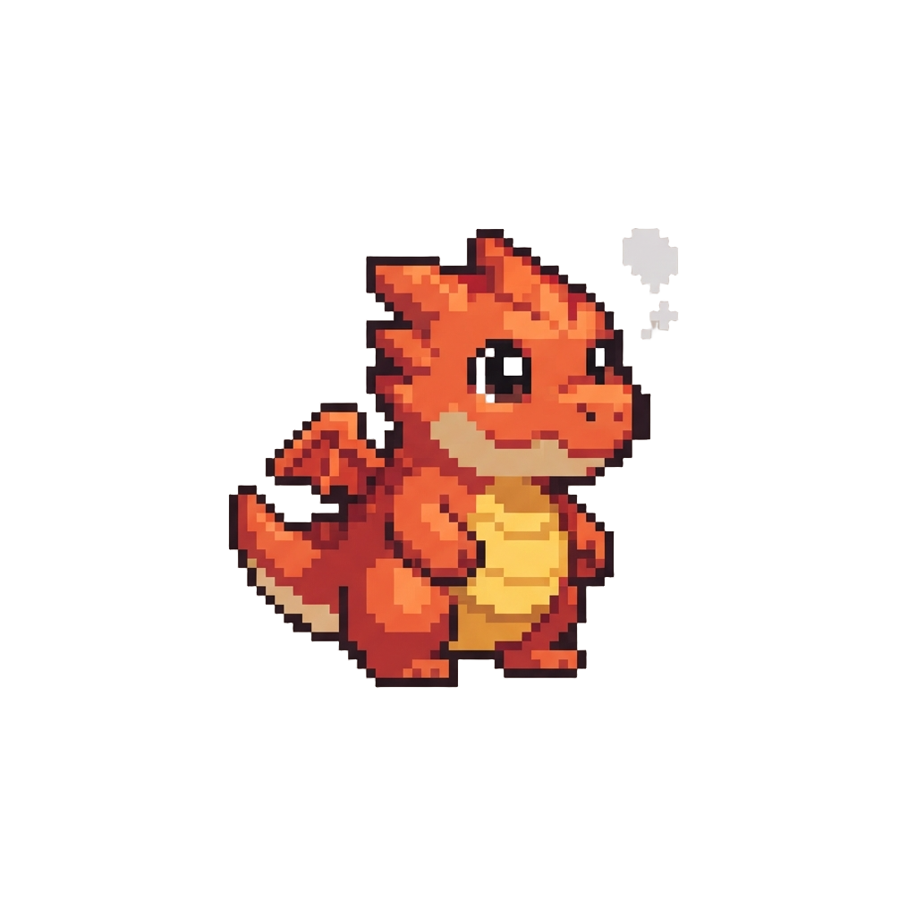 A Tiny Chubby Fire Hatchling with Giant Curious Eyes and a Little Smoke Bubble