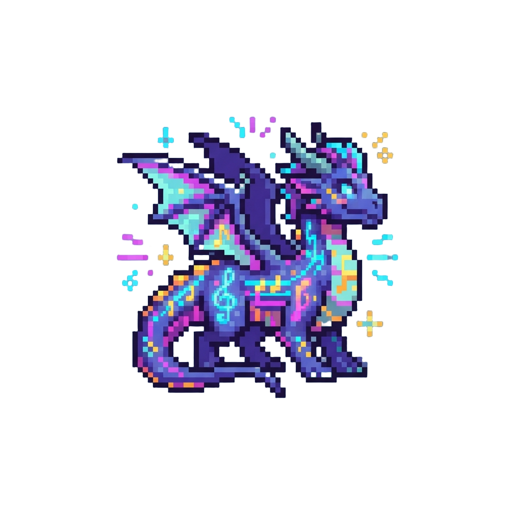 A Vibrant Melody Dragon with Glowing Neon Musical Rune Scales and Harmonious Sonic Pulses