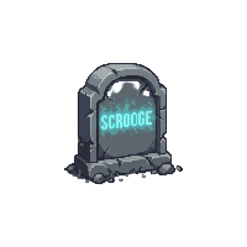A Ghostly Tombstone Reading Scrooge in Glowing Cyan Mist