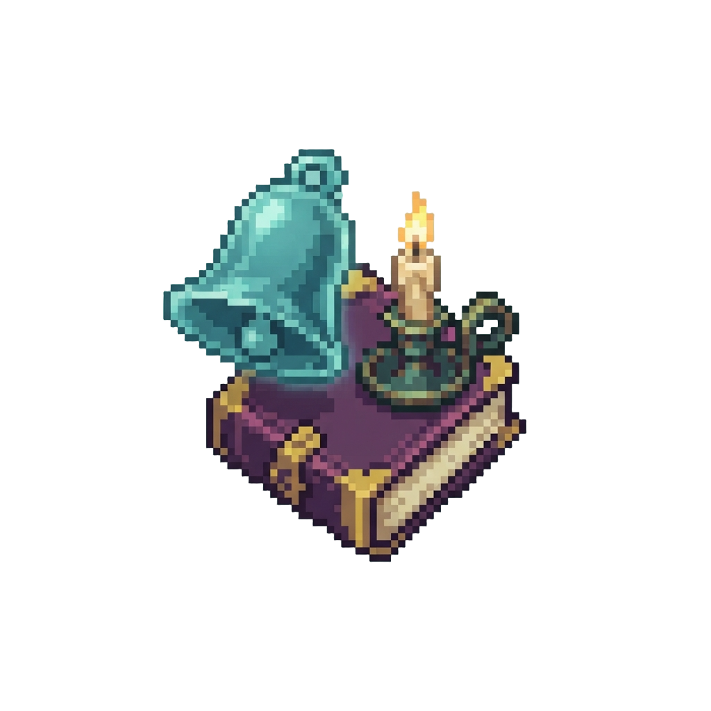 A Phantom Bell, Book, and Flickering Candle Floating Together