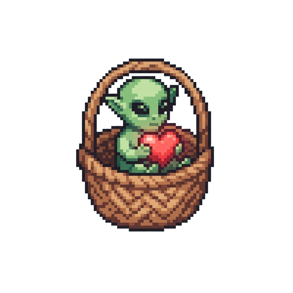 A Glowing Red-hearted Alien in a Basket