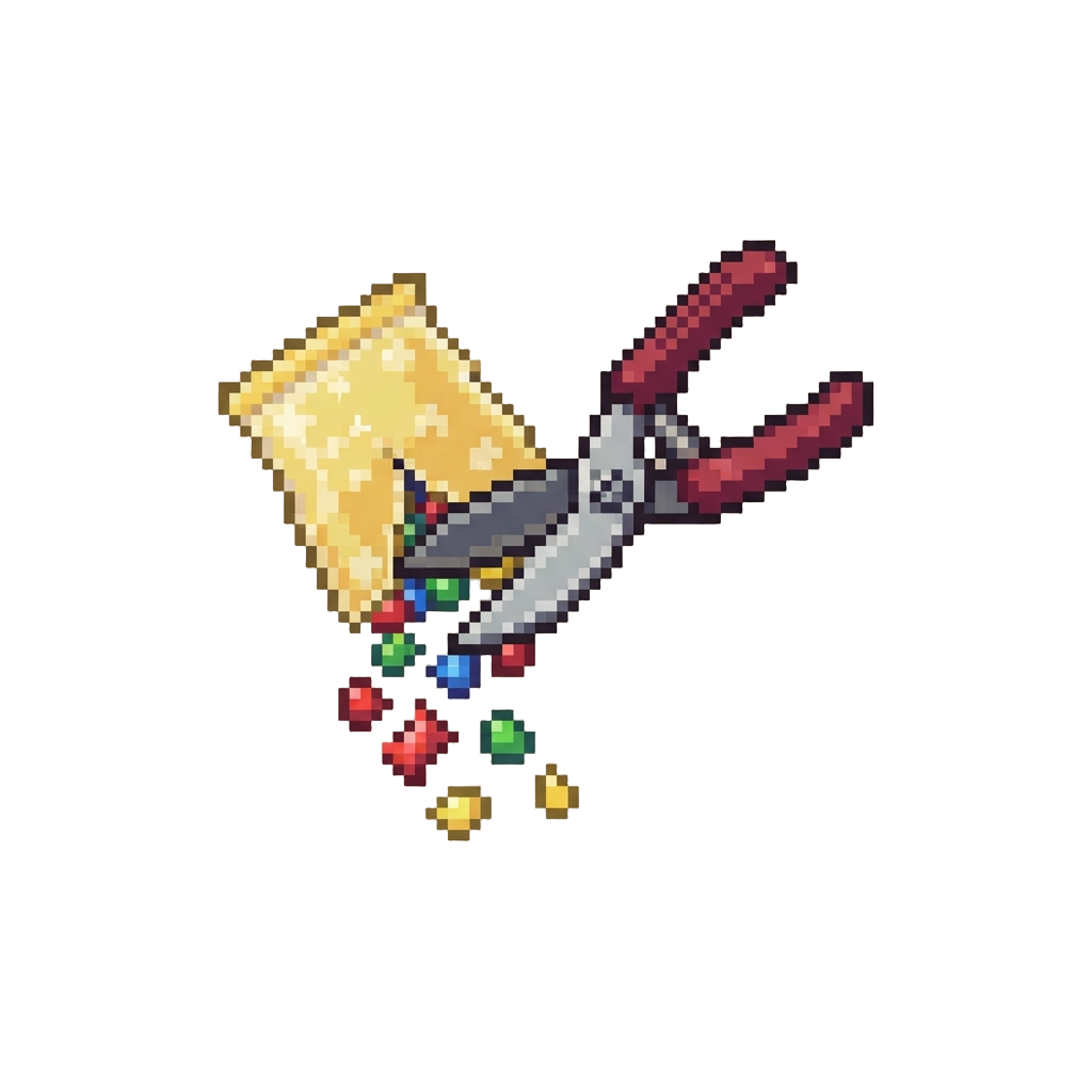 A Garden Shears Snipping Open the Bottom of @image1's Candy Bag So All Sweets Drop Out