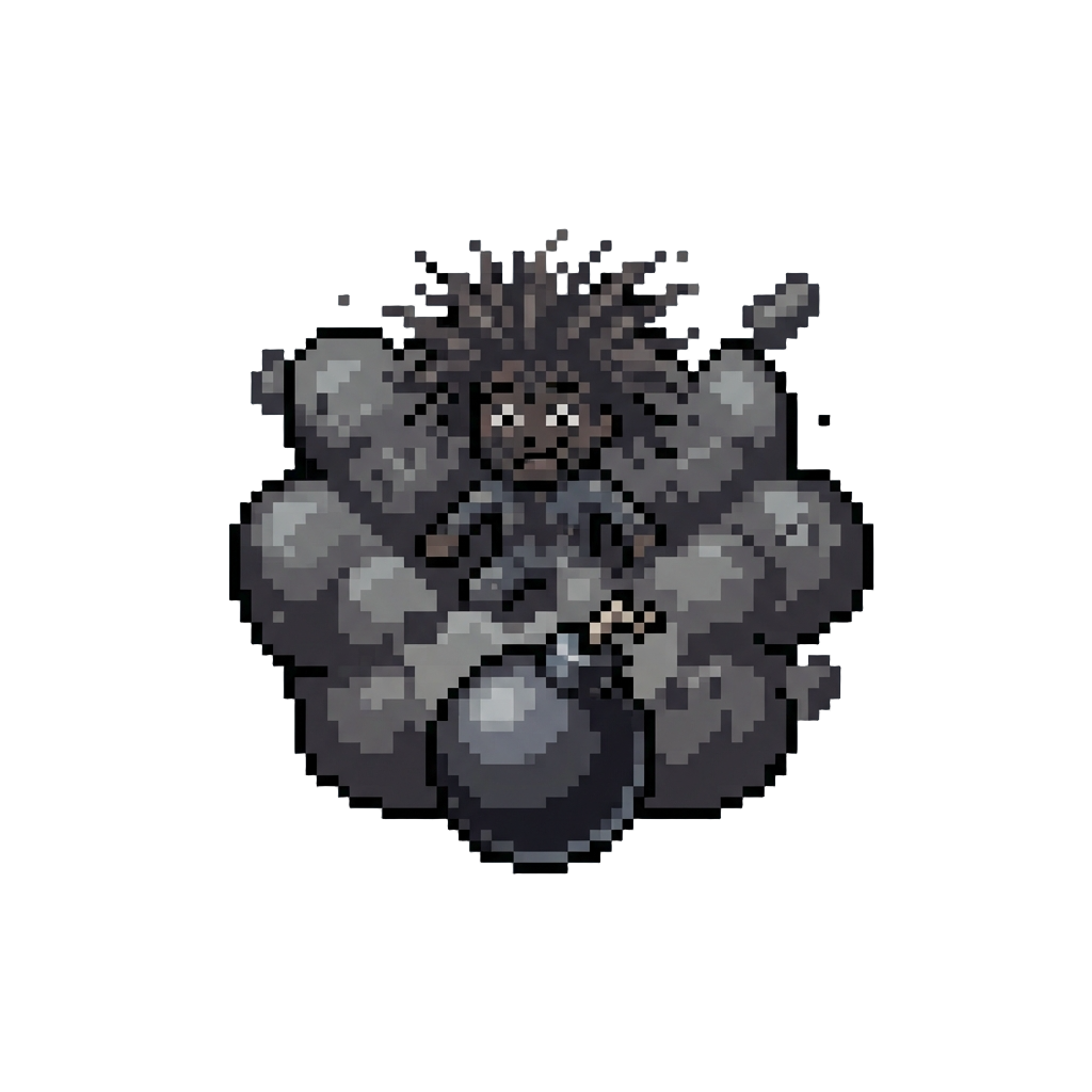 A Ticking Cartoon Bomb That Explodes in a Cloud of Soot, Leaving @image1 Covered in Ash with Frizzy Hair