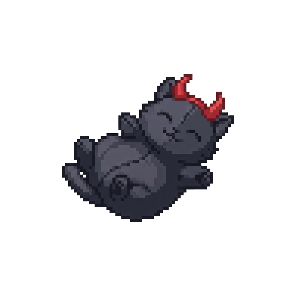 A Tossed Plush Black Cat Wearing Miniature Devil Horns