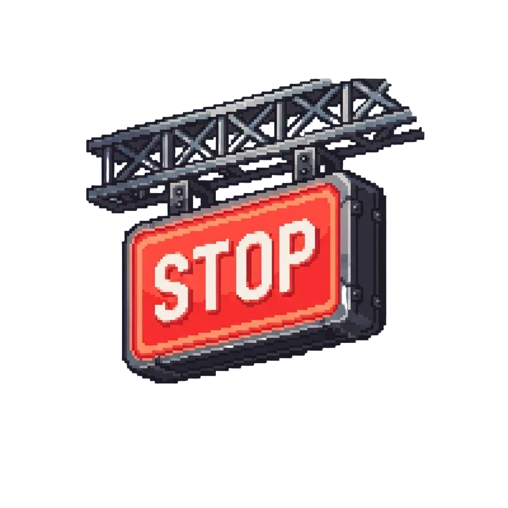 A Blaring Emergency Red Stop Lightbox Dropping From the Truss