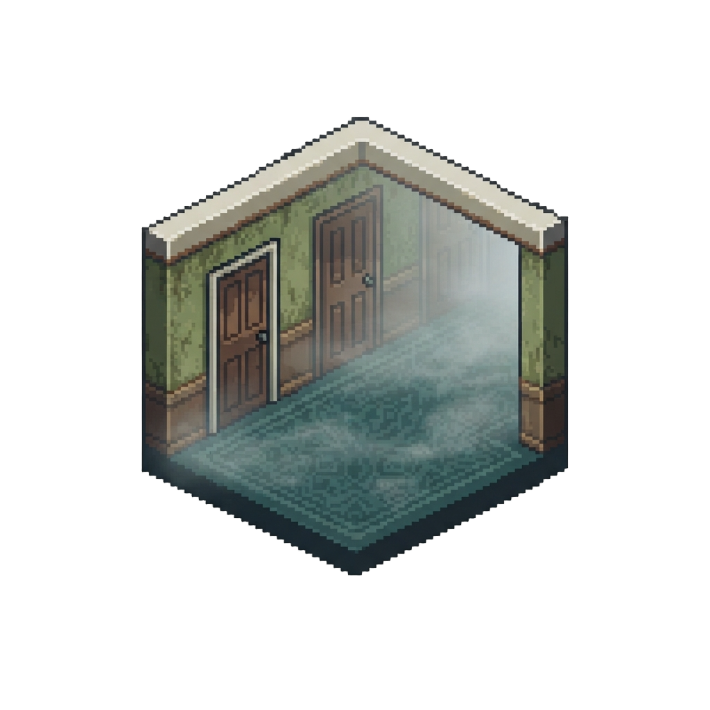 A Misty Carpeted Hallway with Upside-down Doors