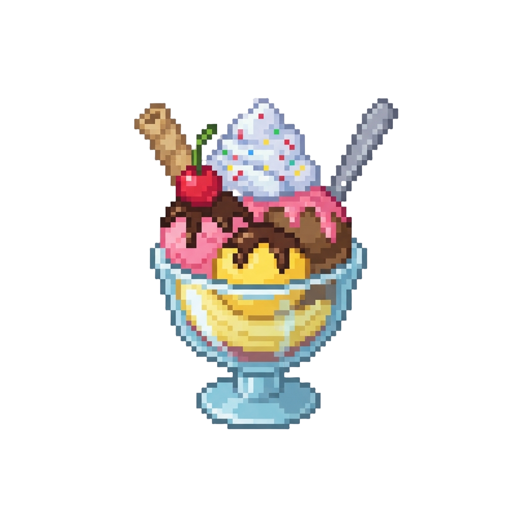 A Giant Colorful Three-scoop Ice Cream Sundae in a Glass Cup