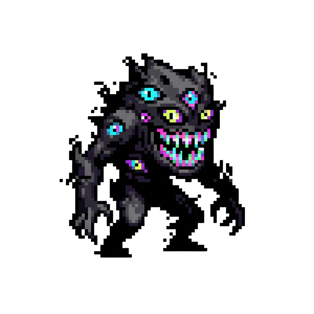 A Towering Multi-eyed Pitch-black Glitch Beast with Neon Teeth